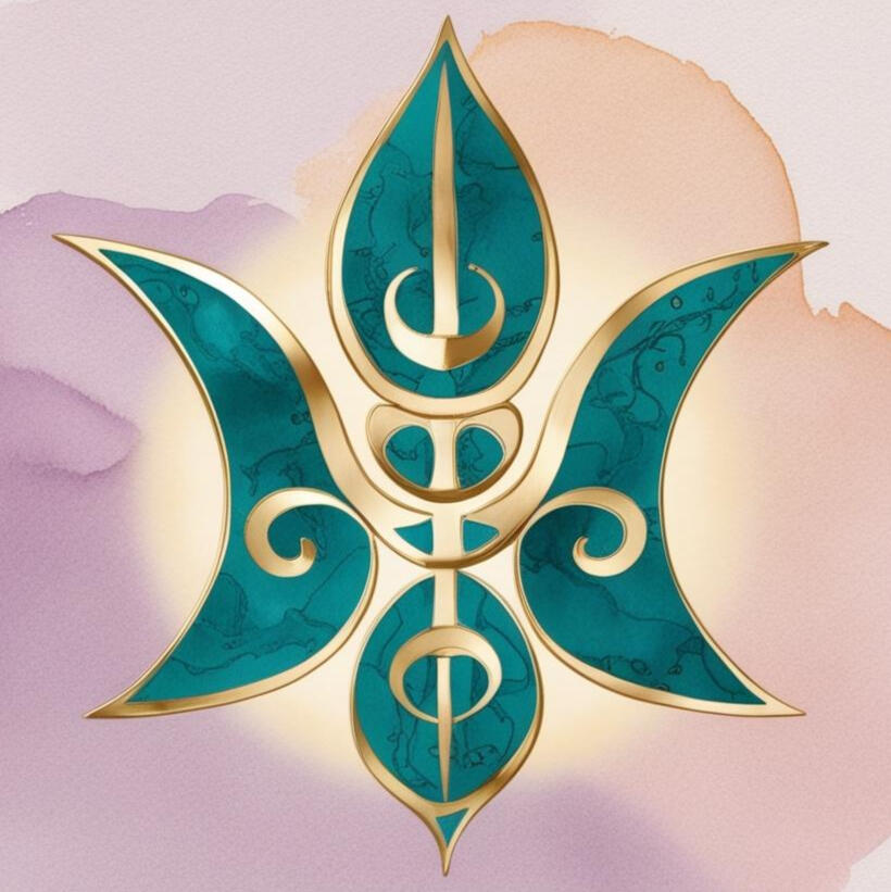 Symbol der Ausrichtung Stilisiertes energetisches Symbol mit goldenen Linien auf türkisfarbenem Grund, das eine spirituelle oder heilende Wirkung repräsentiert, vor einem pastellfarbenen Aquarellhintergrund.