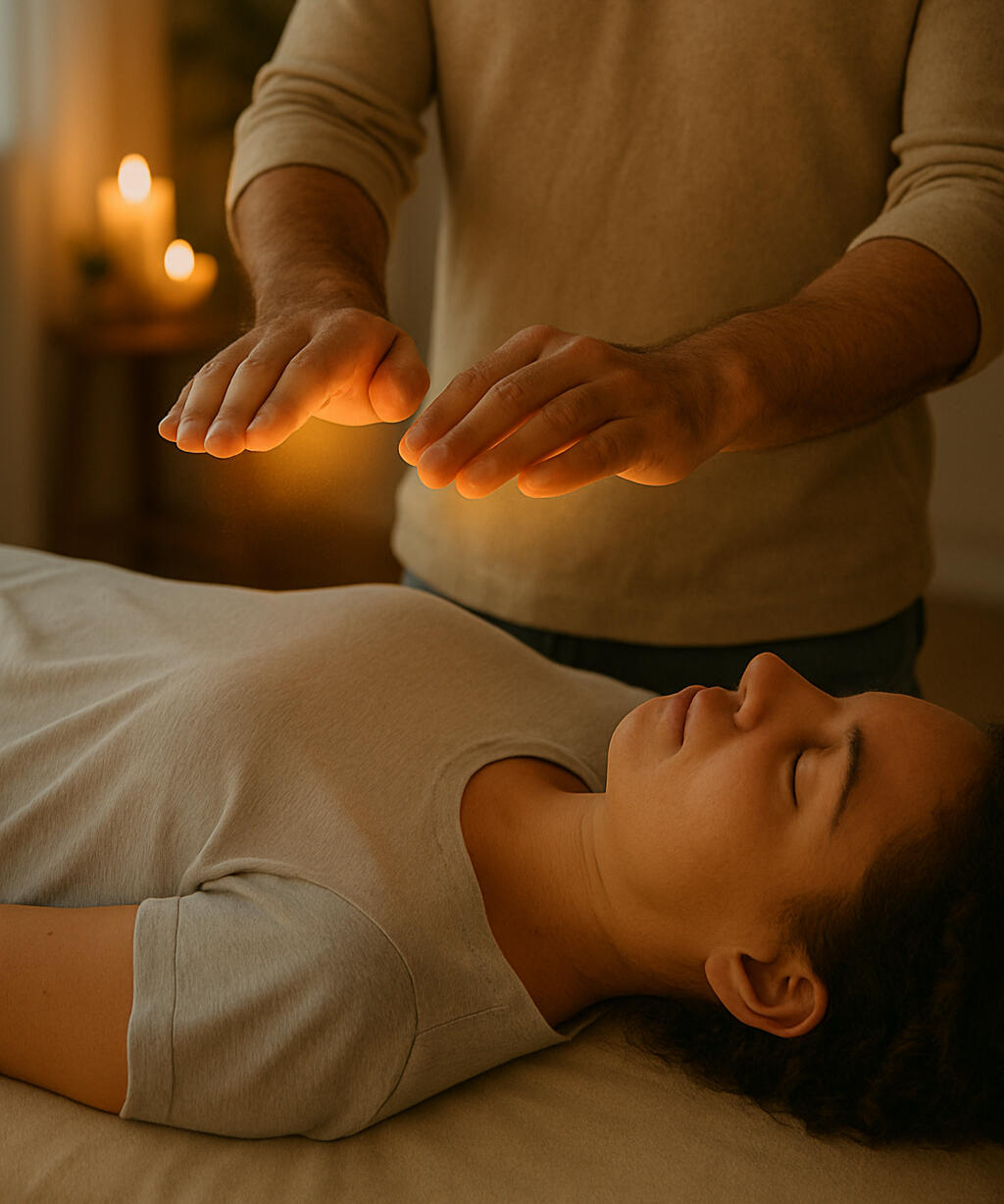 Ein Reiki-Praktizierender hält seine Hände mit Abstand über einer entspannt liegenden Frau in einem warm beleuchteten Behandlungsraum.