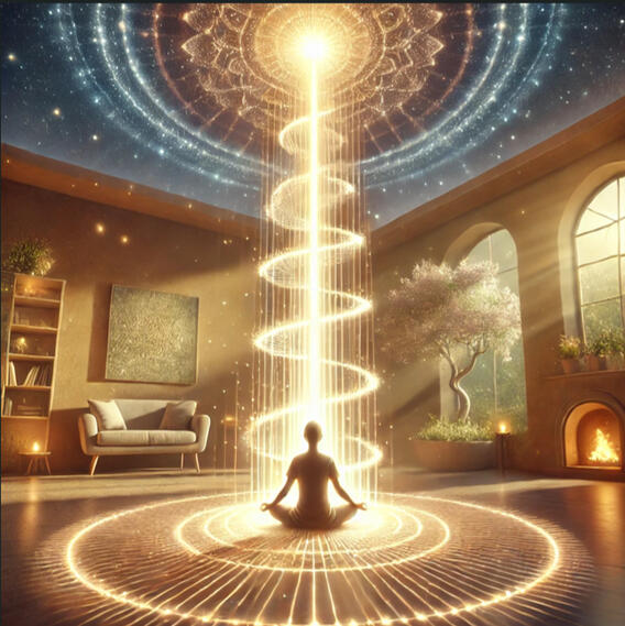 Energetische Raumharmonisierung durch ein Lichtsäulen-Ritual Leuchtende Lichtsäule in einem ruhigen Innenraum als symbolische Darstellung von Klarheit, Erdung und energetischer Ausrichtung.