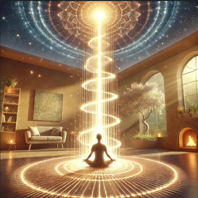 Lichtsäulen-Ritual in Stralsund Symbolische Darstellung einer leuchtenden Energiesäule in einem harmonisch gestalteten Raum mit einer meditierenden Person.